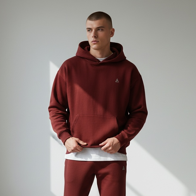 Man wearing a maroon hoodie and pants with white sneakers in a well-lit room.