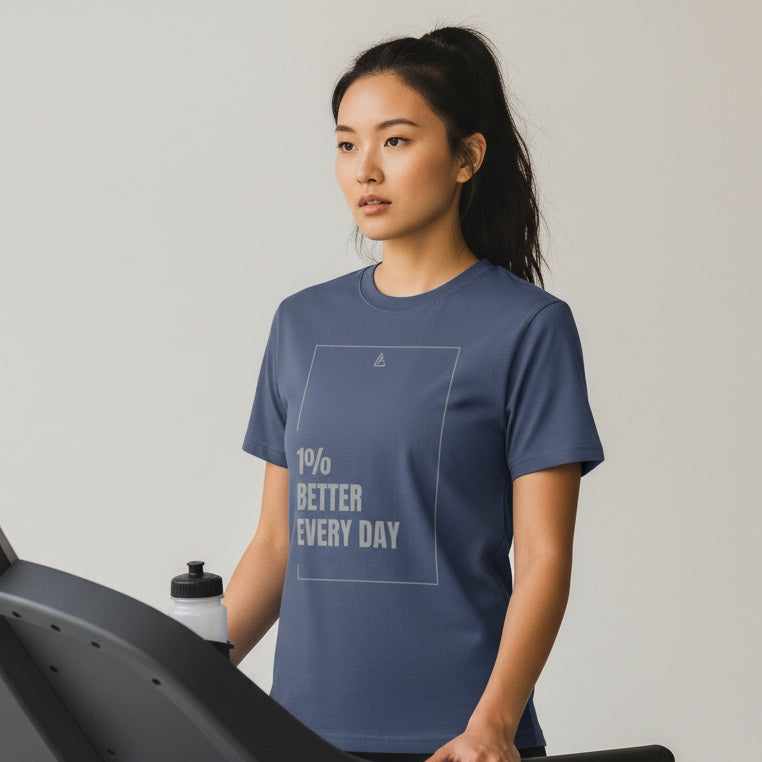 Unisex performance tee — 1% Better Every Day chest print — Airforce Blue