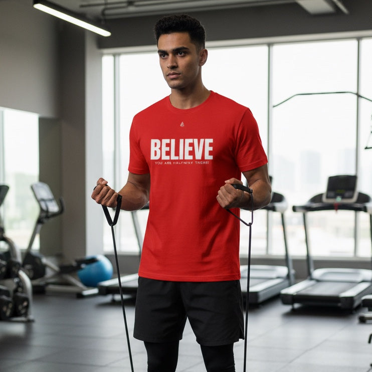 Fire Red performance tee — Believe You’re Halfway There chest print