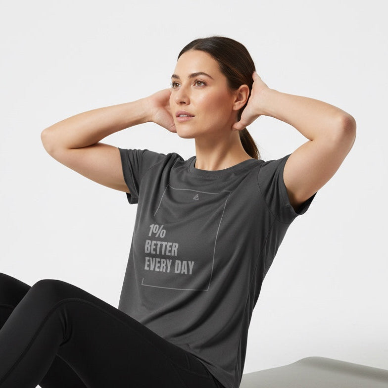 Charcoal performance t-shirt with AG logo and motivational quote