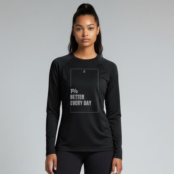 A woman wearing a black long-sleeve top and leggings with text on a gray background