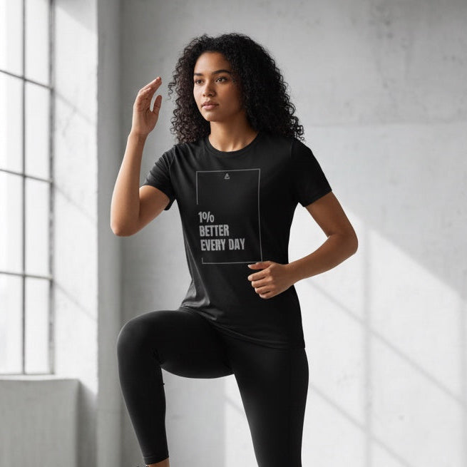 Jet Black 1% Better Every Day tee — lightweight gym wear
