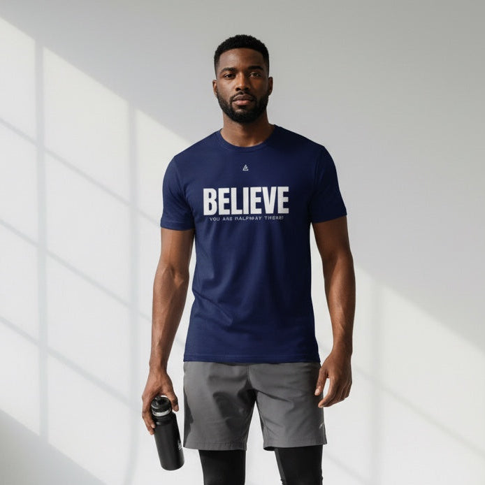 Believe You’re Halfway There performance tee — Oxford Navy — front view