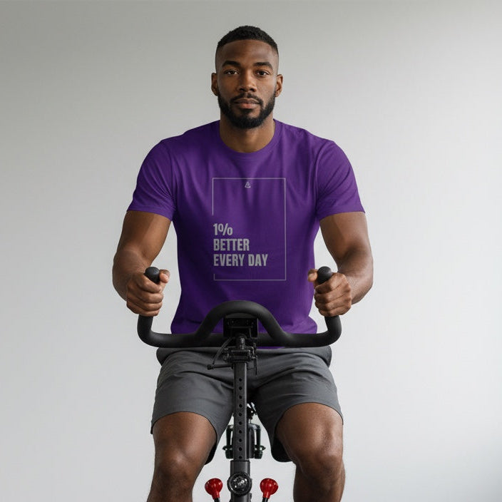 Purple performance tee with bold motivational slogan