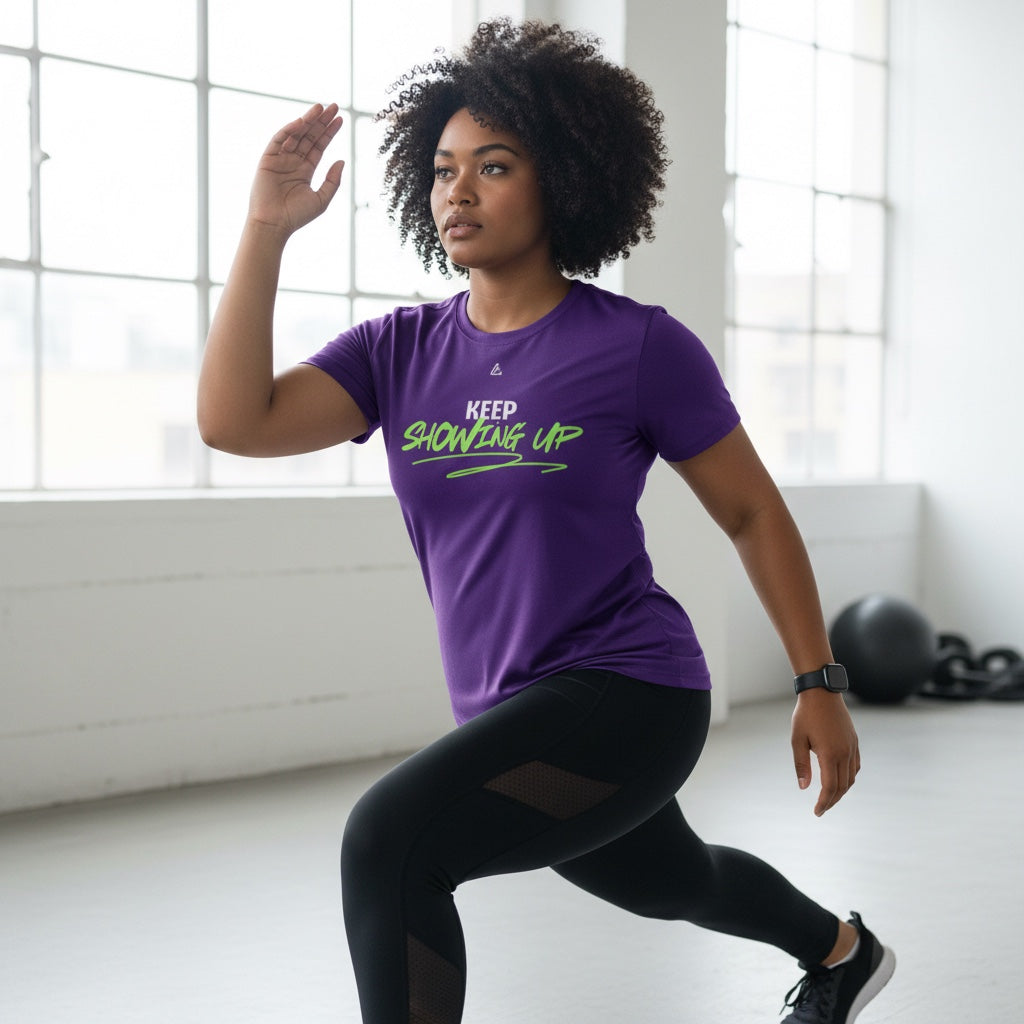 Purple moisture-wicking training tee — AG logo front