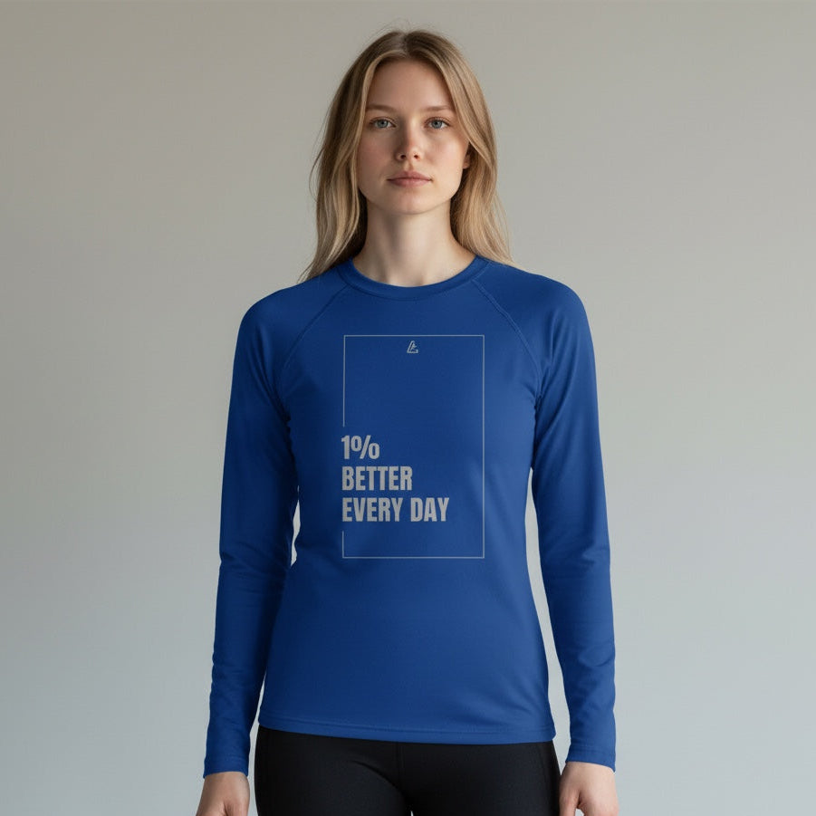 Person wearing a blue long-sleeve shirt with '1% Better Every Day' text on a plain background